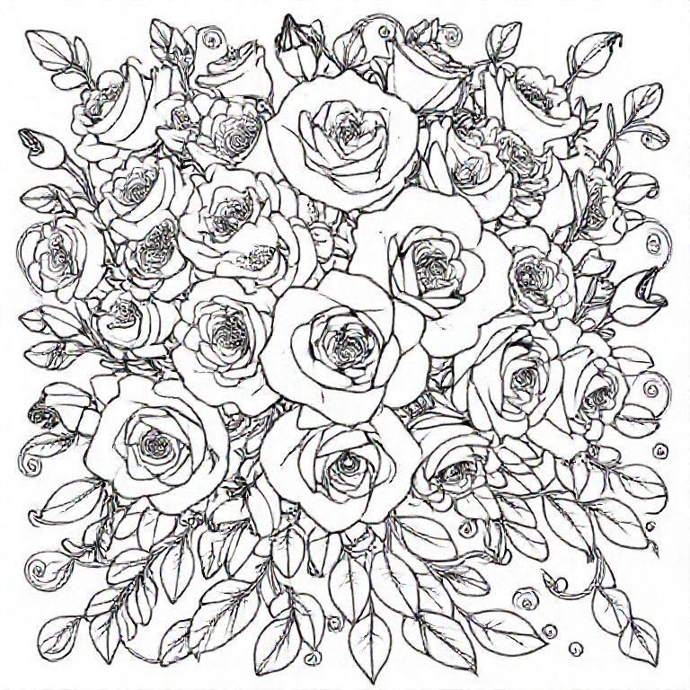 Một sự sắp xếp dày đặc của những bông hồng nở rộ, nụ nở một nửa và những chiếc lá cuộn tròn; mỗi cánh hoa chứa đầy các hoa văn vi mô như chấm, ren và bóng nở; dây leo xoáy tạo thành một nền lặp đi lặp lại liền mạch; Nghệ thuật đường nét tô màu thanh lịch dành cho người lớn với các đường viền siêu mịn.