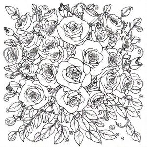 Một sự sắp xếp dày đặc của những bông hồng nở rộ, nụ nở một nửa và những chiếc lá cuộn tròn; mỗi cánh hoa chứa đầy các hoa văn vi mô như chấm, ren và bóng nở; dây leo xoáy tạo thành một nền lặp đi lặp lại liền mạch; Nghệ thuật đường nét tô màu thanh lịch dành cho người lớn với các đường viền siêu mịn.