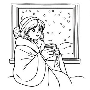 Cô gái mặc chăn ôm sô cô la nóng, tuyết rơi bên ngoài cửa sổ, tâm trạng mùa đông ấm cúng.