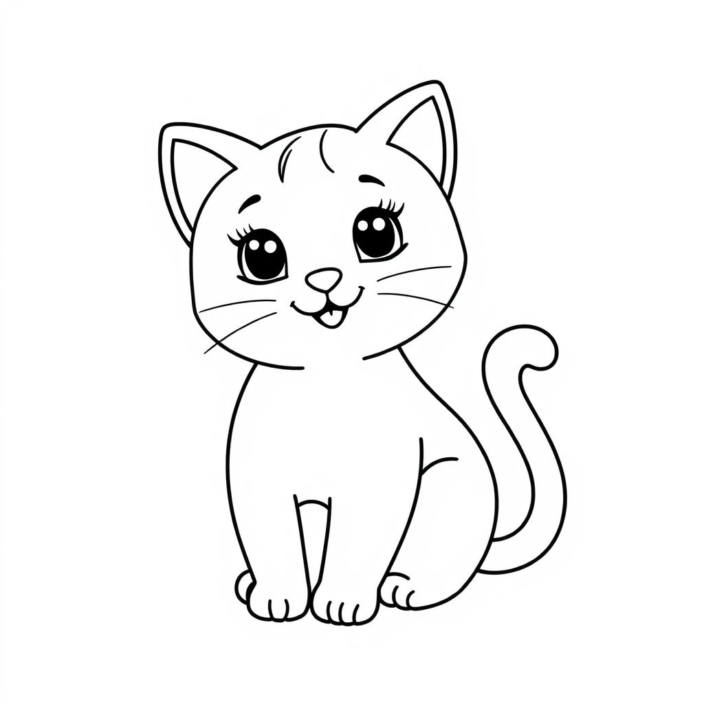 “Simple kids’ coloring book page of a cute cat sitting. Thick bold outlines, black-and-white line art, no shading, large empty spaces for coloring, friendly and easy for young children.”
