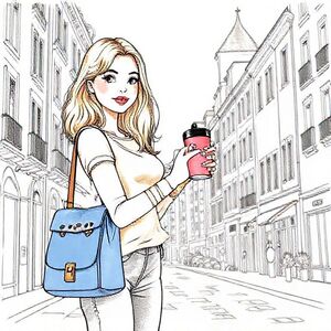 A pretty girl with blonde-brown hair and a narrow face, made up with mascara and red-pink lips. She carries a blue handbag with brown straps on which hangs a leopard-print hair clip. She is wearing a sleeveless, beige turtleneck top, two gold bangles (one thin, one thick) and gray jeans. In her hand, she holds a pink coffee mug with a black lid as she crosses a sunny street in an Italian town with tall, colorful buildings.
The illustration should be in watercolor style, with soft gradients, delicate pastel shades and non-strong colors. Colour palette: warm beige, light pink, soft grey-blue, soft brown.
The scene is supposed to look Scandinavian, cozy, harmonious, minimalist and subdued.