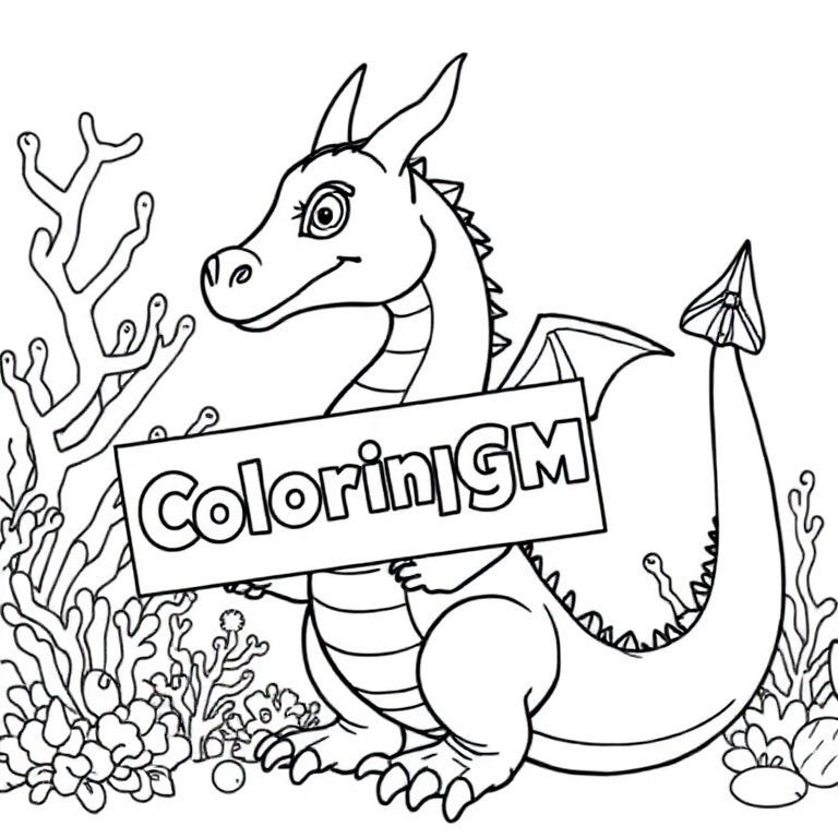 A profile view of a friendly dragon, holding a sign with "ColoringMe" written in white bubble letters, in profile, in a underwater coral reef kingdom, surrealist style
without colours an small oval face an a nice top not tshirt girly top 