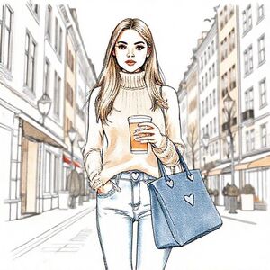 A cozy, aesthetic watercolor illustration of a stylish girl in Stockholm.
She stands outdoors in a Scandinavian city street with soft beige buildings in the background.
The girl has long, straight light-brown hair and warm makeup with soft eyeliner.
She wears a beige sleeveless turtleneck knit sweater over a light long-sleeve top, paired with high-waisted light blue jeans.
She carries a large blue handbag with subtle heart-like patterns and holds a takeaway coffee cup in her hand.
The art style is feminine, soft, and fashion-focused: warm neutral tones, pastel colors, gentle shading, watercolor texture, and delicate lineart.
The overall atmosphere is cozy, autumn/winter Scandinavian aesthetic.