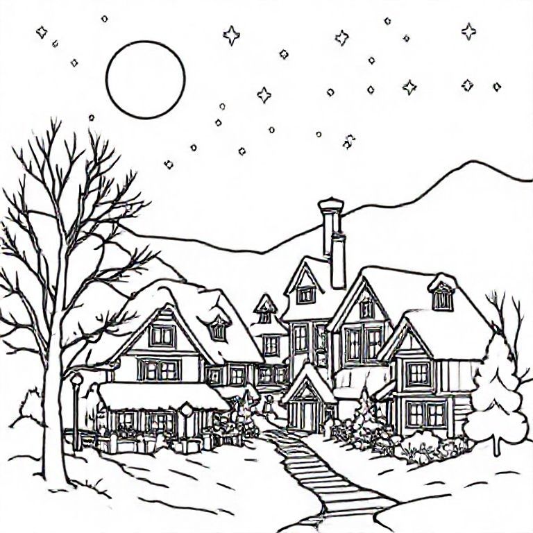 Moon and shooting star snow fir trees dark blue sky like a Christmas village painted in strong tones with the inscription "Christmas to color"