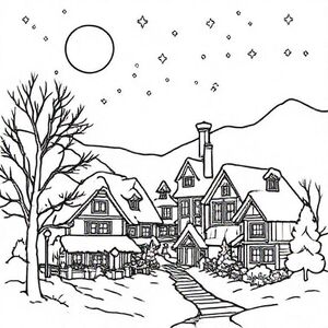 Moon and shooting star snow fir trees dark blue sky like a Christmas village painted in strong tones with the inscription "Christmas to color"