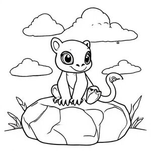 A lion cub sitting on a rock, with a fluffy mane and large expressive eyes, clear sky in the background. Simple and clean line.