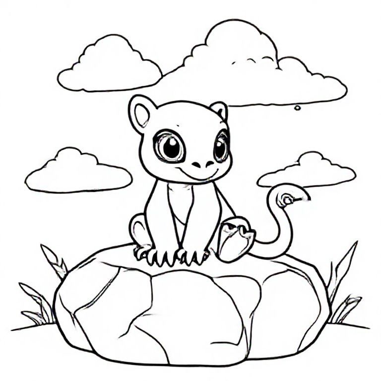 A lion cub sitting on a rock, with a fluffy mane and large expressive eyes, clear sky in the background. Simple and clean line.