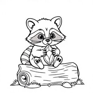 Tiny raccoon holding a small crystal, sitting on a log

