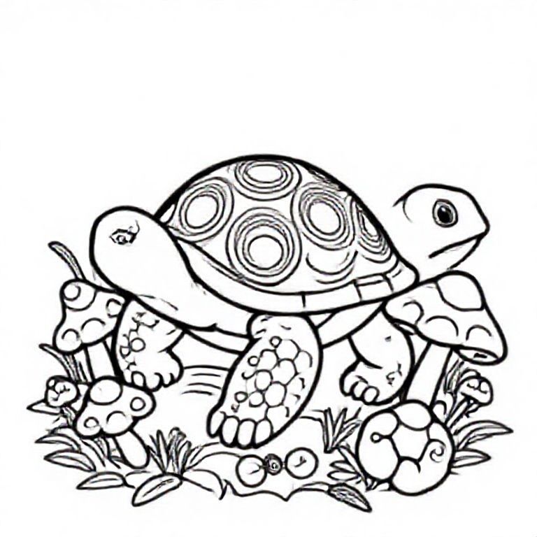 . Baby turtle with a patterned shell, surrounded by mushrooms

