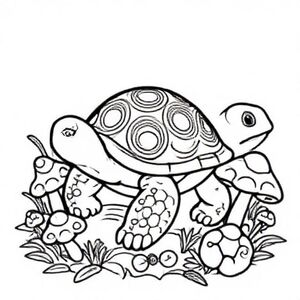 . Baby turtle with a patterned shell, surrounded by mushrooms

