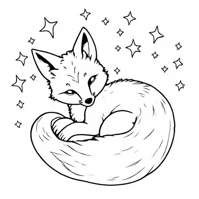 Enchanted baby fox curled up with twinkling stars around

