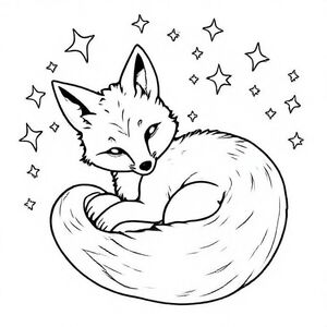 Enchanted baby fox curled up with twinkling stars around

