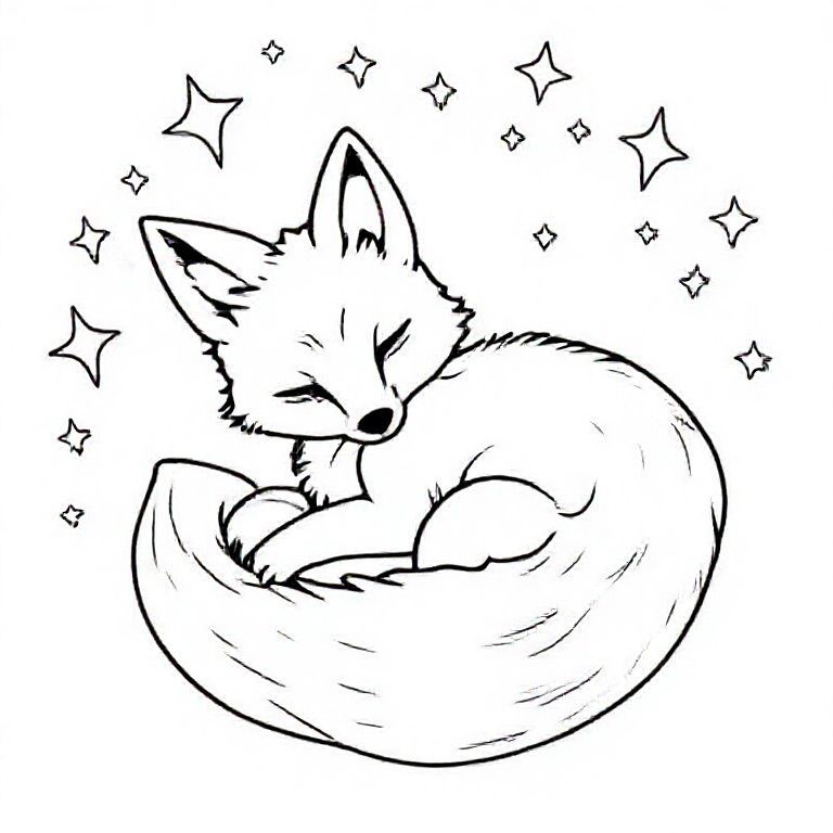 AEnchanted baby fox curled up with twinkling stars around

