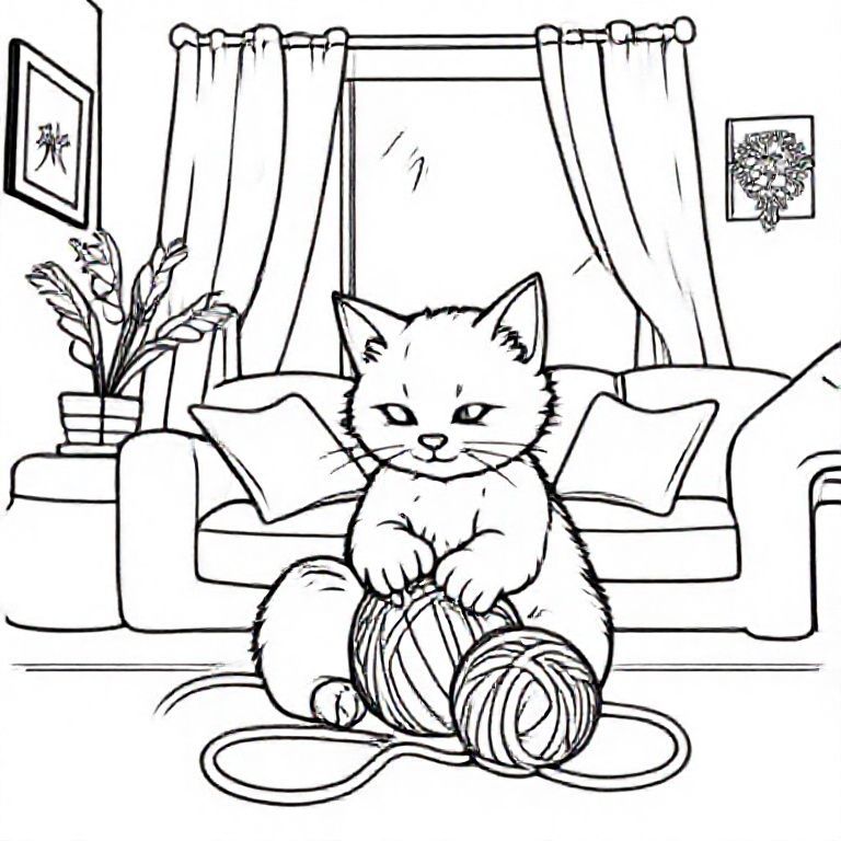 A cat playing with a ball of yarn in a cozy living room.
