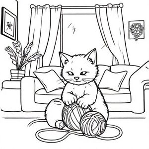 A cat playing with a ball of yarn in a cozy living room.
