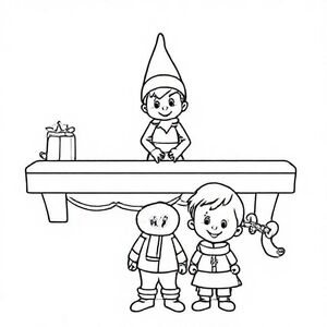 A simple black-and-white coloring page line drawing. A boy and girl Elf on the Shelf smiling while standing on a shelf. In front of the shelf are three children: a 5-year-old girl with long hair named Karsyn, a 3-year-old boy named Lincoln, and a 2-year-old little girl named Kobi. The children look happy and playful. Style is cute, child-friendly, and festive. Thick, clean outlines, no shading, no color, minimal background details. Designed specifically as a printable coloring page for young kids.