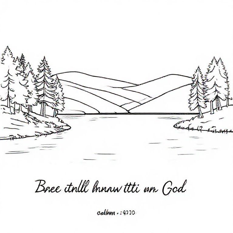 A calm lake surrounded by gentle trees and rolling hills, smooth water with light ripples, peaceful nature scene, clean black line art, no shading, no color, open spaces for coloring, therapeutic and relaxing style. Include hand-lettered Bible verse: “Be still, and know that I am God.” Psalm 46:10, simple readable lettering, centered or bottom of page.