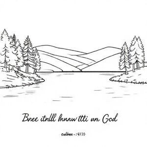 A calm lake surrounded by gentle trees and rolling hills, smooth water with light ripples, peaceful nature scene, clean black line art, no shading, no color, open spaces for coloring, therapeutic and relaxing style. Include hand-lettered Bible verse: “Be still, and know that I am God.” Psalm 46:10, simple readable lettering, centered or bottom of page.
