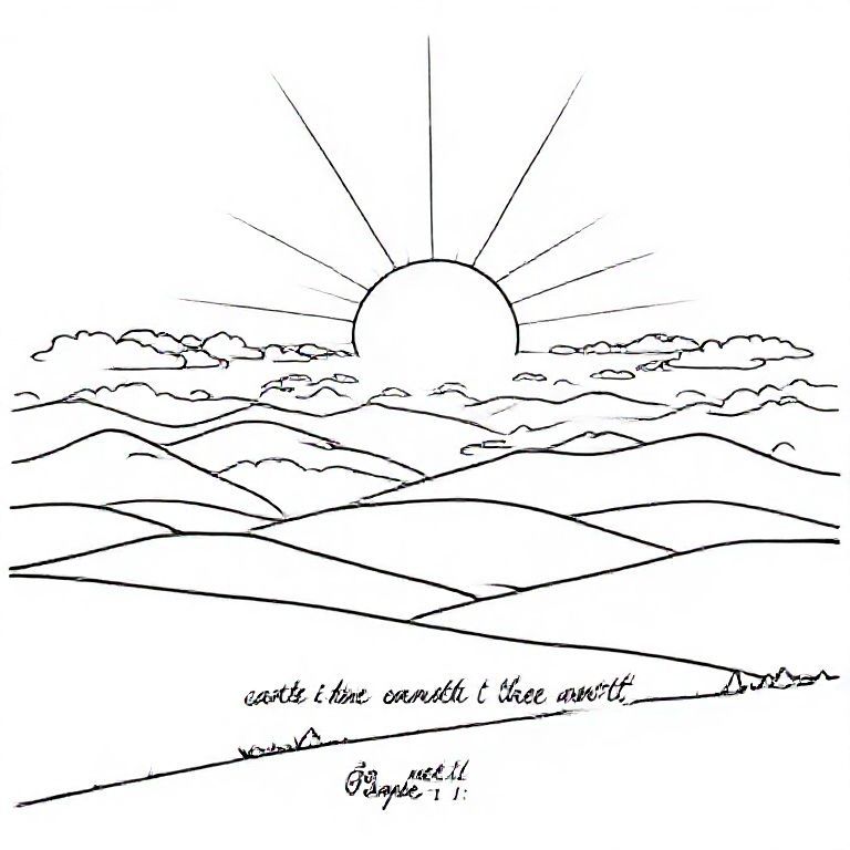 Sunrise over rolling hills and soft clouds, sun rays spreading gently across the sky, inspiring and peaceful atmosphere, simple clean black outline illustration, no shading, no color, large smooth shapes for coloring. Include hand-lettered Bible verse: “In the beginning God created the heavens and the earth.” Genesis 1:1.