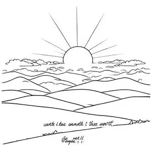 Sunrise over rolling hills and soft clouds, sun rays spreading gently across the sky, inspiring and peaceful atmosphere, simple clean black outline illustration, no shading, no color, large smooth shapes for coloring. Include hand-lettered Bible verse: “In the beginning God created the heavens and the earth.” Genesis 1:1.