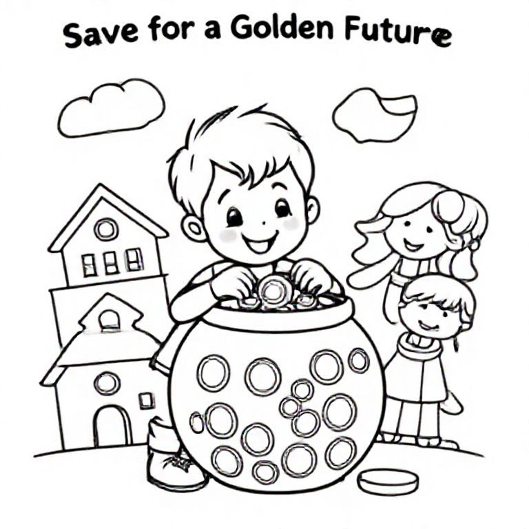 Create a simple black and white coloring page for a 5-year-old preschool child with the theme “Save for a Golden Future”.

Show a happy child putting coins into a big savings box. Around the child are large, simple icons of future dreams: a house, school, and smiling family.

Use thick, clear outlines, cartoon style, no shading or color, very easy to color.

Text at the top: “Save for a Golden Future”

Keep the picture simple, uncluttered, and balanced, suitable for young children.