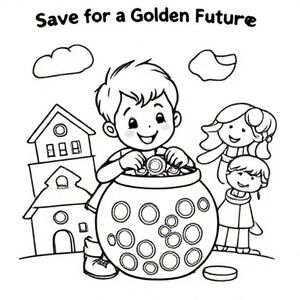 Create a simple black and white coloring page for a 5-year-old preschool child with the theme “Save for a Golden Future”.

Show a happy child putting coins into a big savings box. Around the child are large, simple icons of future dreams: a house, school, and smiling family.

Use thick, clear outlines, cartoon style, no shading or color, very easy to color.

Text at the top: “Save for a Golden Future”

Keep the picture simple, uncluttered, and balanced, suitable for young children.