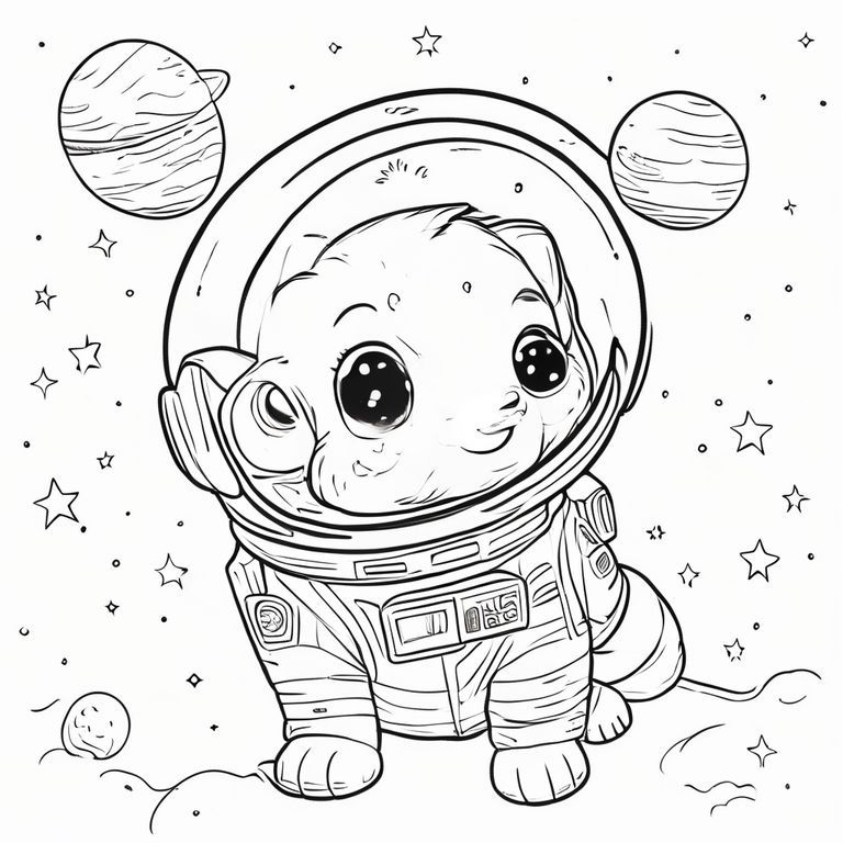 Trang sách tô màu động vật dễ thương, đường viền đen dày đậm, đường nét mượt mà đơn giản, không đổ bóng, không xám, nền trắng, phong cách vui tươi cho trẻ em, chó phi hành gia khám phá không gian