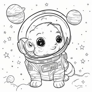 Trang sách tô màu động vật dễ thương, đường viền đen dày đậm, đường nét mượt mà đơn giản, không đổ bóng, không xám, nền trắng, phong cách vui tươi cho trẻ em, chó phi hành gia khám phá không gian