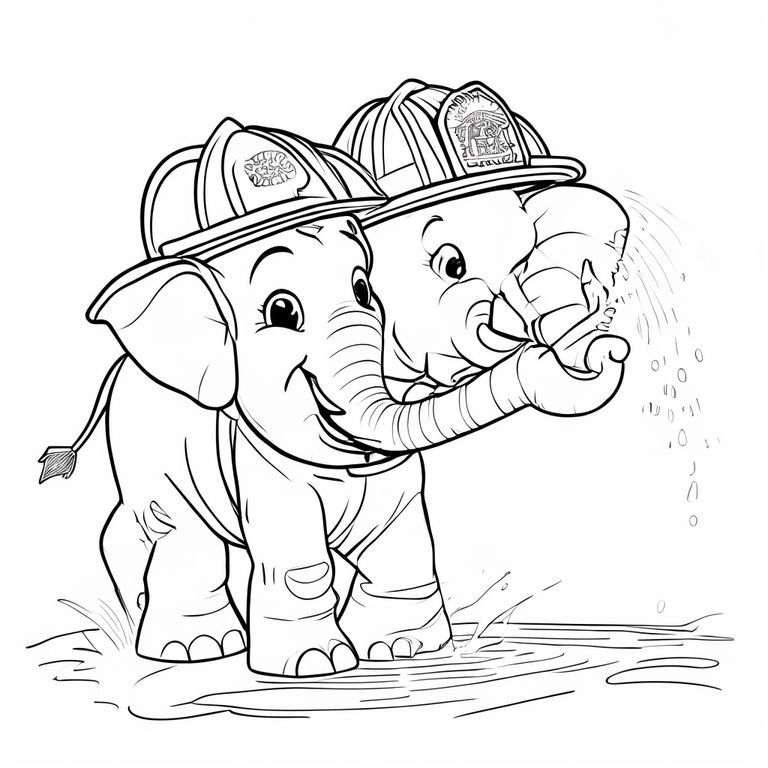 Cute animal coloring book page, bold thick black outlines, simple smooth lines, no shading, no gray, white background, playful style for kids, firefighter elephant spraying water