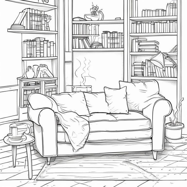 Minh họa đường đen, phong cách ấm cúng, đường nét sạch sẽ và mềm mại, chi tiết vừa phải, không đổ bóng, không màu, vẽ đơn giản nhưng ấm áp, dễ tô màu, bầu không khí thư giãn. Phòng khách ấm cúng với ghế sofa thoải mái, đệm êm ái, chăn gấp, bàn cà phê nhỏ với tách trà bốc hơi, tủ sách ở hậu cảnh, đèn dịu, bầu không khí yên tĩnh và ấm áp