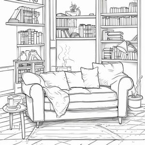 Minh họa đường đen, phong cách ấm cúng, đường nét sạch sẽ và mềm mại, chi tiết vừa phải, không đổ bóng, không màu, vẽ đơn giản nhưng ấm áp, dễ tô màu, bầu không khí thư giãn. Phòng khách ấm cúng với ghế sofa thoải mái, đệm êm ái, chăn gấp, bàn cà phê nhỏ với tách trà bốc hơi, tủ sách ở hậu cảnh, đèn dịu, bầu không khí yên tĩnh và ấm áp