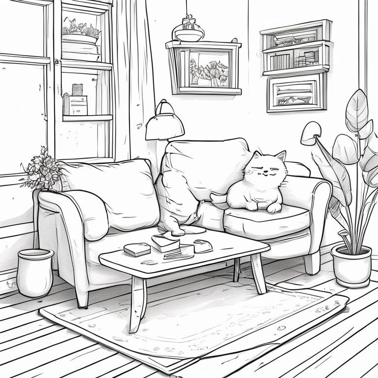 Minh họa đường đen, phong cách ấm cúng, đường nét sạch sẽ và mềm mại, chi tiết vừa phải, không đổ bóng, không màu, vẽ đơn giản nhưng ấm áp, dễ tô màu, bầu không khí thư giãn.  Phòng khách sáng sủa với góc đọc sách, sàn gỗ cứng nhưng có thảm trước ghế sofa.  Bàn nhỏ có đèn nhấn. Thảm thú cưng với động vật ngủ.