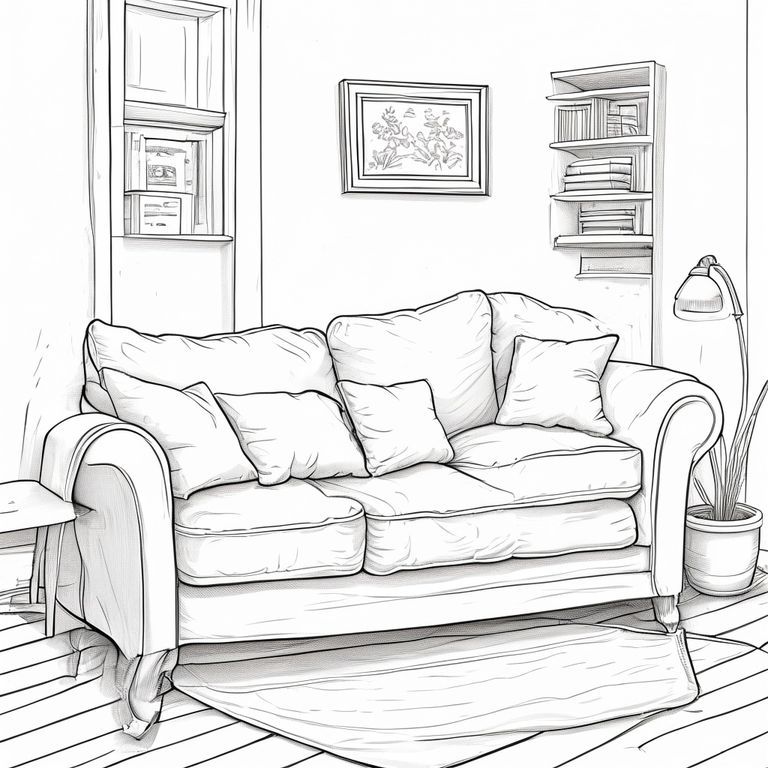 Minh họa đường đen, phong cách ấm cúng, đường nét sạch sẽ và mềm mại, nhiều chi tiết, không bóng, không màu, vẽ đơn giản dễ tô màu, không khí thư giãn. Khu vực tiếp khách, không gian sáng sủa với nơi đọc sách. Ghế sofa thoải mái nhưng phong cách. Sàn gỗ trải thảm trước ghế sofa.