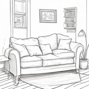 Minh họa đường đen, phong cách ấm cúng, đường nét sạch sẽ và mềm mại, nhiều chi tiết, không bóng, không màu, vẽ đơn giản dễ tô màu, không khí thư giãn. Khu vực tiếp khách, không gian sáng sủa với nơi đọc sách. Ghế sofa thoải mái nhưng phong cách. Sàn gỗ trải thảm trước ghế sofa.