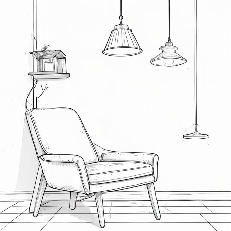 Minh họa đường đen, phong cách ấm cúng, đường nét sạch sẽ và mềm mại, nhiều chi tiết, không đổ bóng, không màu, vẽ đơn giản dễ tô màu, bầu không khí thư giãn.  Khu vực đọc sách với ghế treo trên trần nhà.  Đèn sàn.  Sự rung cảm mộc mạc hiện đại.
