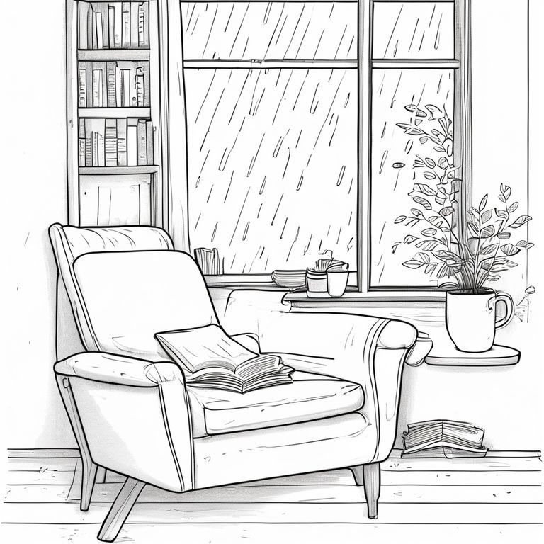 Minh họa đường đen, phong cách ấm cúng, đường nét sạch sẽ và mềm mại, chi tiết vừa phải, không đổ bóng, không màu sắc, vẽ đơn giản nhưng ấm áp, dễ tô màu, bầu không khí thư giãnMột góc đọc sách cạnh cửa sổ, một chiếc ghế bành thoải mái, một chiếc chăn, một chồng sách, một tách cà phê, một cây xanh, mưa nhẹ bên ngoài