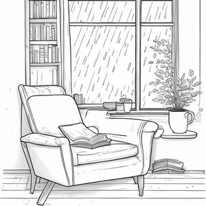Minh họa đường đen, phong cách ấm cúng, đường nét sạch sẽ và mềm mại, chi tiết vừa phải, không đổ bóng, không màu sắc, vẽ đơn giản nhưng ấm áp, dễ tô màu, bầu không khí thư giãnMột góc đọc sách cạnh cửa sổ, một chiếc ghế bành thoải mái, một chiếc chăn, một chồng sách, một tách cà phê, một cây xanh, mưa nhẹ bên ngoài