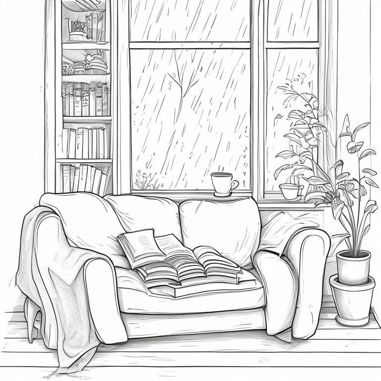 Minh họa đường màu đen, phong cách ấm cúng, đường nét sạch sẽ và mềm mại, chi tiết vừa phải, không đổ bóng, không màu sắc, vẽ đơn giản nhưng ấm áp, dễ tô màu, không khí thư giãn Một góc đọc sách cạnh cửa sổ, một chiếc ghế dài thoải mái, một chiếc chăn, một chồng sách, một tách cà phê, một góc khác là cây xanh, mưa nhẹ bên ngoài.
