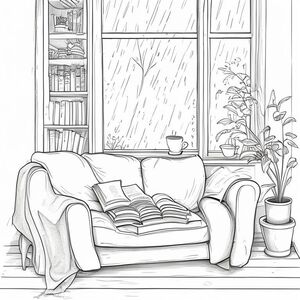 Minh họa đường màu đen, phong cách ấm cúng, đường nét sạch sẽ và mềm mại, chi tiết vừa phải, không đổ bóng, không màu sắc, vẽ đơn giản nhưng ấm áp, dễ tô màu, không khí thư giãn Một góc đọc sách cạnh cửa sổ, một chiếc ghế dài thoải mái, một chiếc chăn, một chồng sách, một tách cà phê, một góc khác là cây xanh, mưa nhẹ bên ngoài.