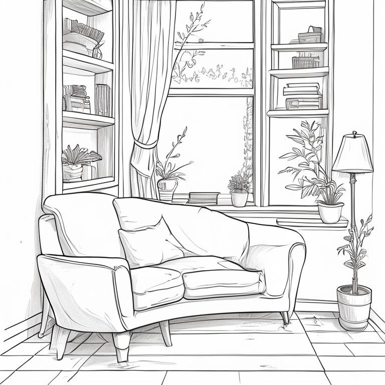 Minh họa đường màu đen, phong cách ấm cúng, đường nét sạch sẽ và mềm mại,
chi tiết vừa phải, không đổ bóng, không màu sắc, 
Vẽ đơn giản nhưng ấm áp, dễ tô màu,
bầu không khí thư giãn, Một góc đọc sách bên cửa sổ, tiền sảnh avec.  Không gian ấm áp.  Phòng khách chào đón.  Chi tiết vừa phải.  Tranh tô màu cho người lớn.


