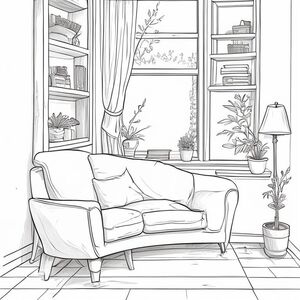 Minh họa đường màu đen, phong cách ấm cúng, đường nét sạch sẽ và mềm mại,
chi tiết vừa phải, không đổ bóng, không màu sắc, 
Vẽ đơn giản nhưng ấm áp, dễ tô màu,
bầu không khí thư giãn, Một góc đọc sách bên cửa sổ, tiền sảnh avec.  Không gian ấm áp.  Phòng khách chào đón.  Chi tiết vừa phải.  Tranh tô màu cho người lớn.

