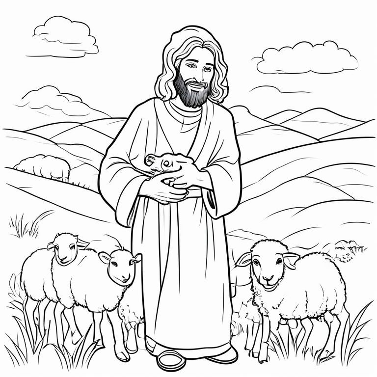 The Good Shepherd
Simple coloring page for kids, black and white line art of Jesus as the Good Shepherd holding a lamb, sheep around him, gentle smile, rolling hills, thick clean outlines, no shading, white background.
