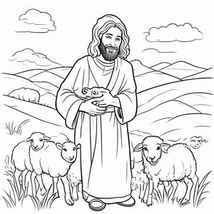 The Good Shepherd
Simple coloring page for kids, black and white line art of Jesus as the Good Shepherd holding a lamb, sheep around him, gentle smile, rolling hills, thick clean outlines, no shading, white background.
