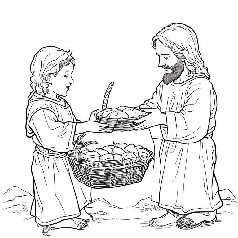 Feeding the 5,000
Kid-friendly coloring page, black and white line art, Jesus blessing bread and fish, basket
