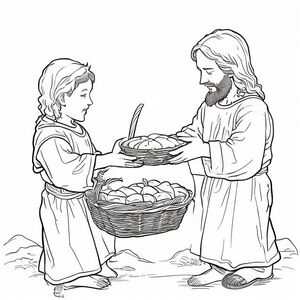 Feeding the 5,000
Kid-friendly coloring page, black and white line art, Jesus blessing bread and fish, basket
