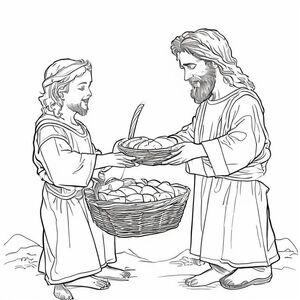 Feeding the 5,000
Kid-friendly coloring page, black and white line art, Jesus blessing bread and fish, basket make jesus normal size not midget
