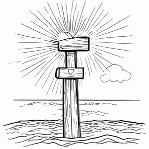 make a catholic cross with a sun and water behind it with a cartoon love heart