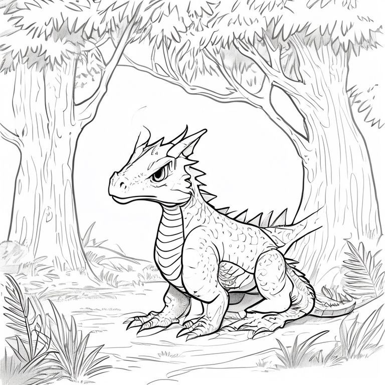 Dragon in the forest, thick lines, black and white, coloring book for children