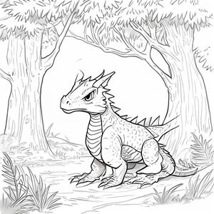 Dragon in the forest, thick lines, black and white, coloring book for children