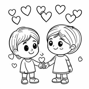 Two cute characters holding hands, hearts around them, bold black outlines, no color, white background, coloring book style